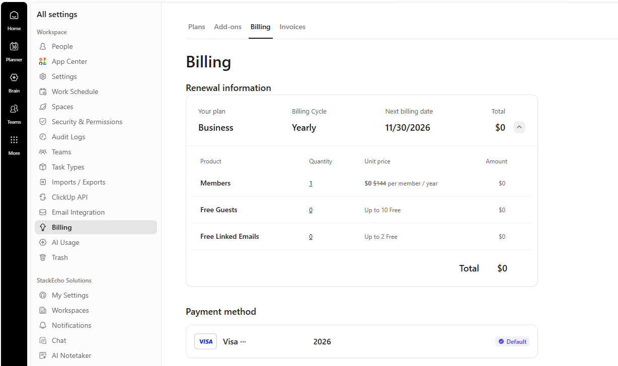 Get ClickUp Business Plan Free for 1 Year, Billing info