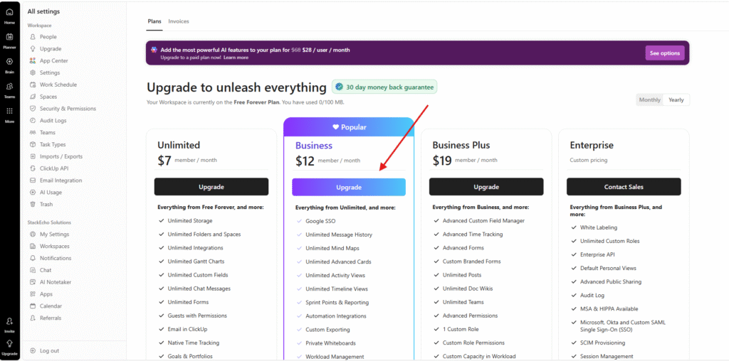 Get ClickUp Business Plan Free for 1 Year