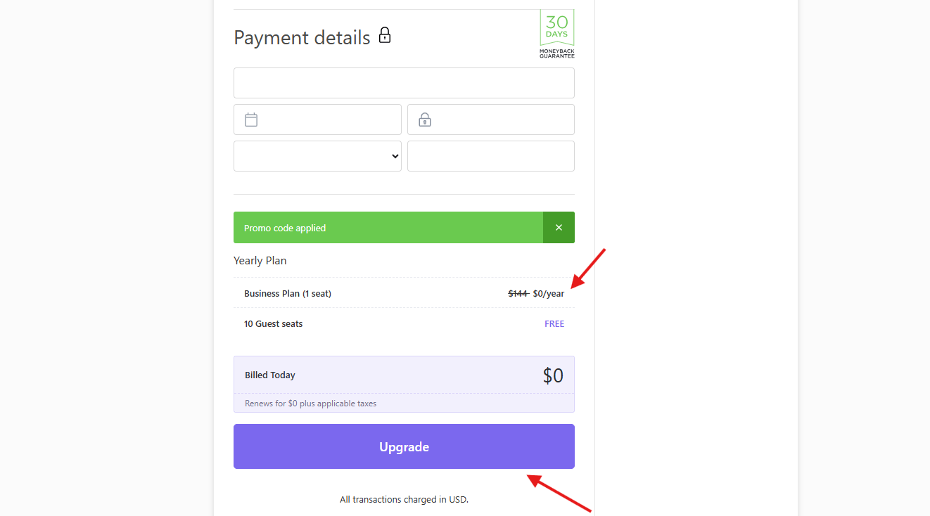 Get ClickUp Business Plan Free for 1 Year payment page