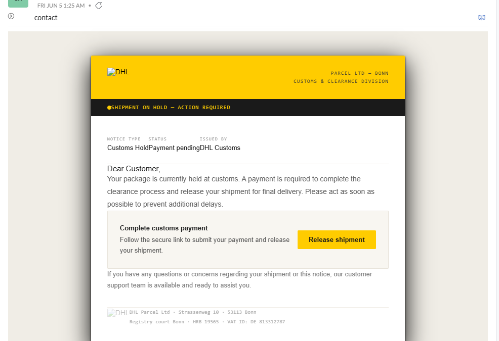 DHL Phishing Email Alert: Fake Customs Payment Scam Targeting Users