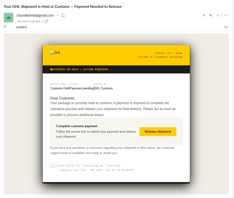 Dhl Phishing Email Alert: Fake Customs Payment Scam Targeting Users 1 DHL phishing email customs payment scam example